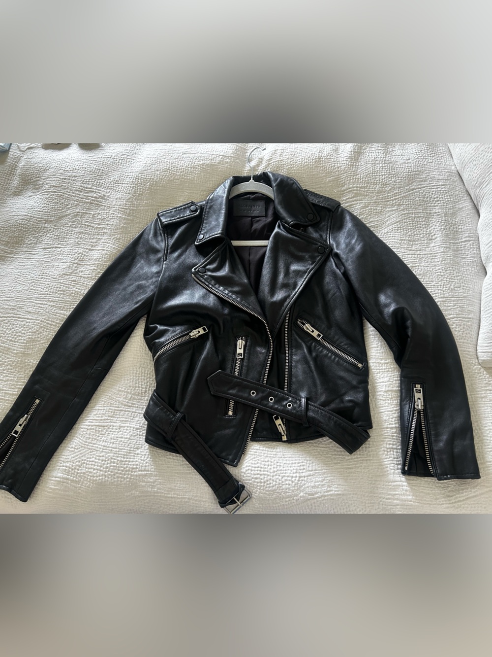 All Saints Black Leather Biker Moto Jacket with Silver Hardware